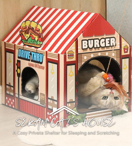Cardboard Cat House with Scratcher/Catnip, (16.5''X12''X15'') Burger Shop for Indoor/Outdoor Cats, Cat Play House&Home Decor, Cat Scratch Toy, Hideout for Bunny&Small Animals