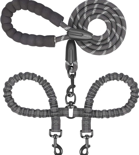 Dual Dog Leash, Double Dog Leash, 360 Swivel No Tangle Walking Leash, Shock Absorbing Bungee for Two Dogs, Black, Large (25-150 Lbs)