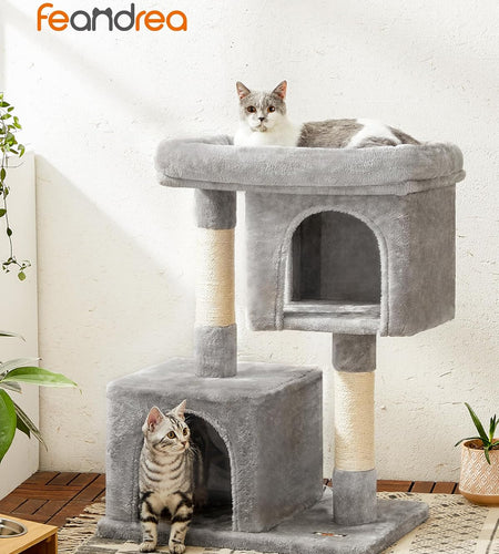 Cat Tree, 33.1-Inch Cat Tower, Plush Condo for Large Cats up to 16 Lb, Large Perch, 2 Caves, Scratching Post, Light Gray UPCT61W