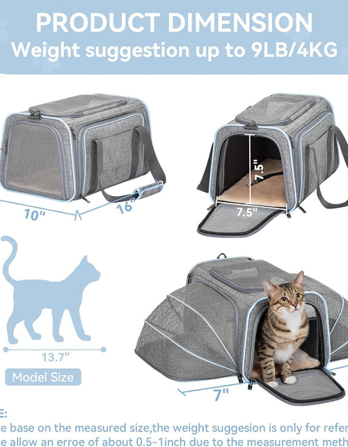 Load image into Gallery viewer, Expandable Cat Carriers Airline Approved, 16"X10"X9" Small Dog Carrier Soft-Sided Portable Washable Pet Travel Carrier with Two Extension for Kitten,Rabbit, Puppy, Small Animal
