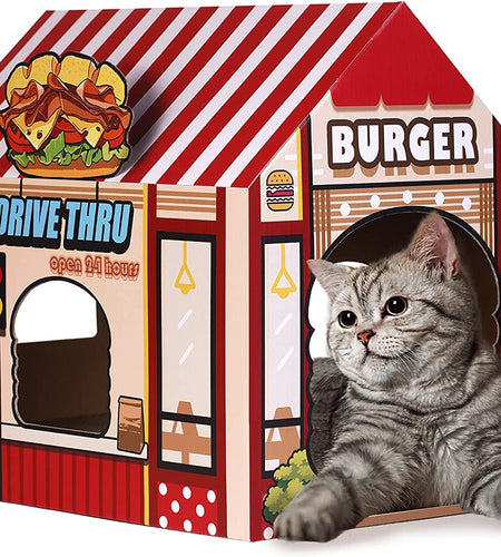 Cardboard Cat House with Scratcher/Catnip, (16.5''X12''X15'') Burger Shop for Indoor/Outdoor Cats, Cat Play House&Home Decor, Cat Scratch Toy, Hideout for Bunny&Small Animals